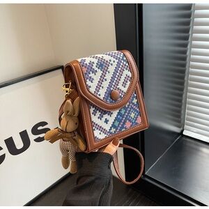 Brown Crossbody Bag with Blue Patterned Panel - Handbag